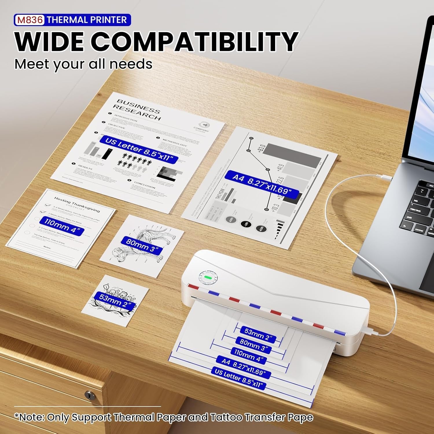 Phomemo Portable Thermal Printer - Portable Printer Wireless for Travel, Support 8.5'' X 11'' US Letter & A4, M836 Bluetooth Inkless Printer for Home Use, for Iphone & Laptop, 1 Roll Paper