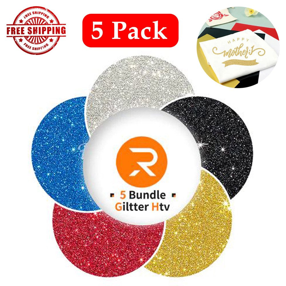 5 Pack Glitter Heat Transfer Vinyl Bundle 12"X 10" Sheet HTV Iron on UK