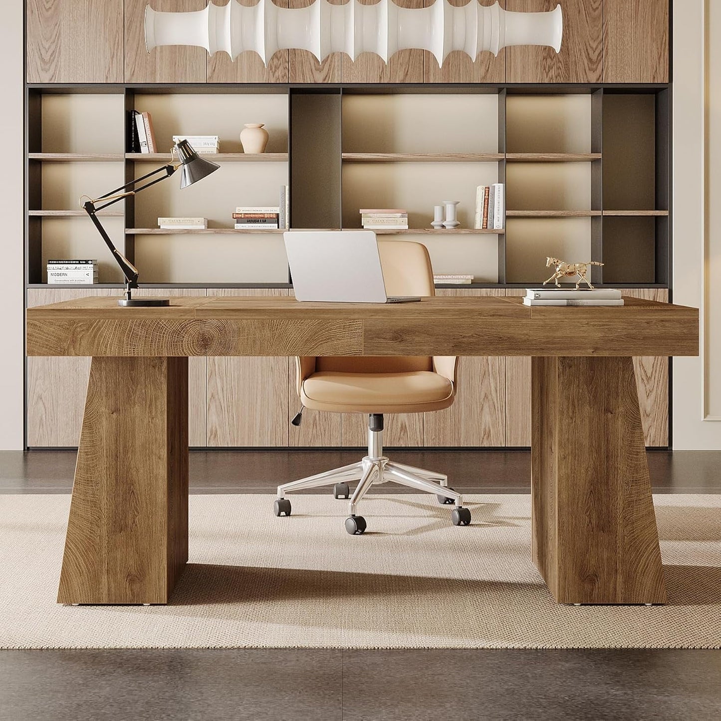 55 Inches Executive Desk, Mid-Century Modern Home Office Desk with Double Trapezoid Base