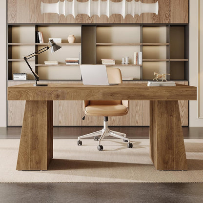 55 Inches Executive Desk, Mid-Century Modern Home Office Desk with Double Trapezoid Base