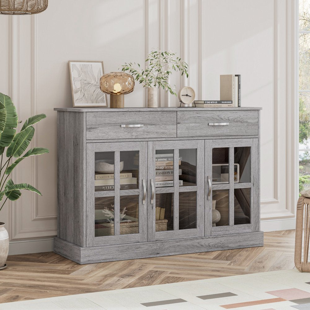 Buffet Server Cupboard, Kitchen Sideboard Cabinet with 3 Doors and 2 Drawers for Dining Room, Sliver Gray Finish