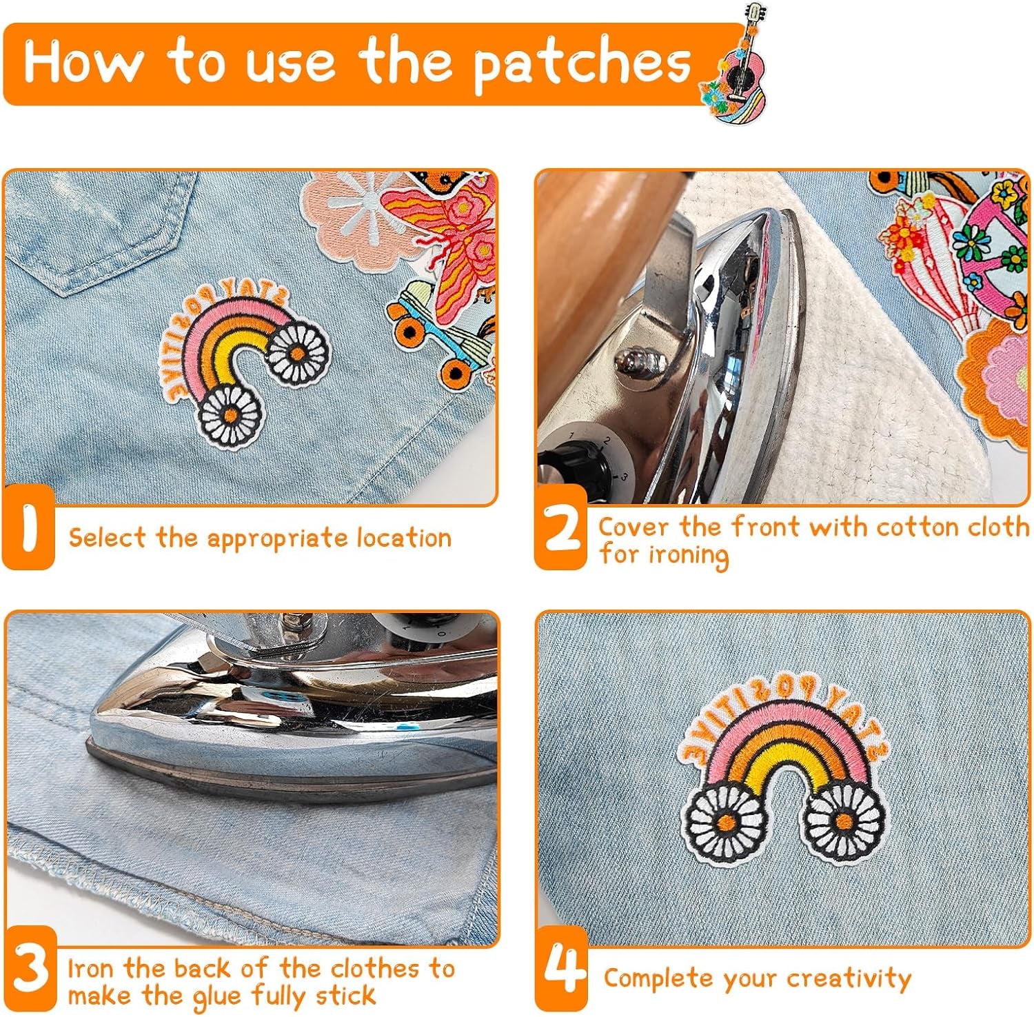 Rf-Patch 48Pcs Hippie Iron on Patches for Girl, Embroidered Boho Iron On/Sew on Patch for Clothes, Hats, Jeans, Dress, Backpacks, Etc, Machine Washable