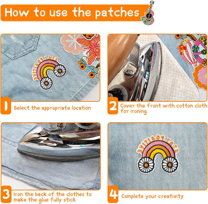 Rf-Patch 48Pcs Hippie Iron on Patches for Girl, Embroidered Boho Iron On/Sew on Patch for Clothes, Hats, Jeans, Dress, Backpacks, Etc, Machine Washable