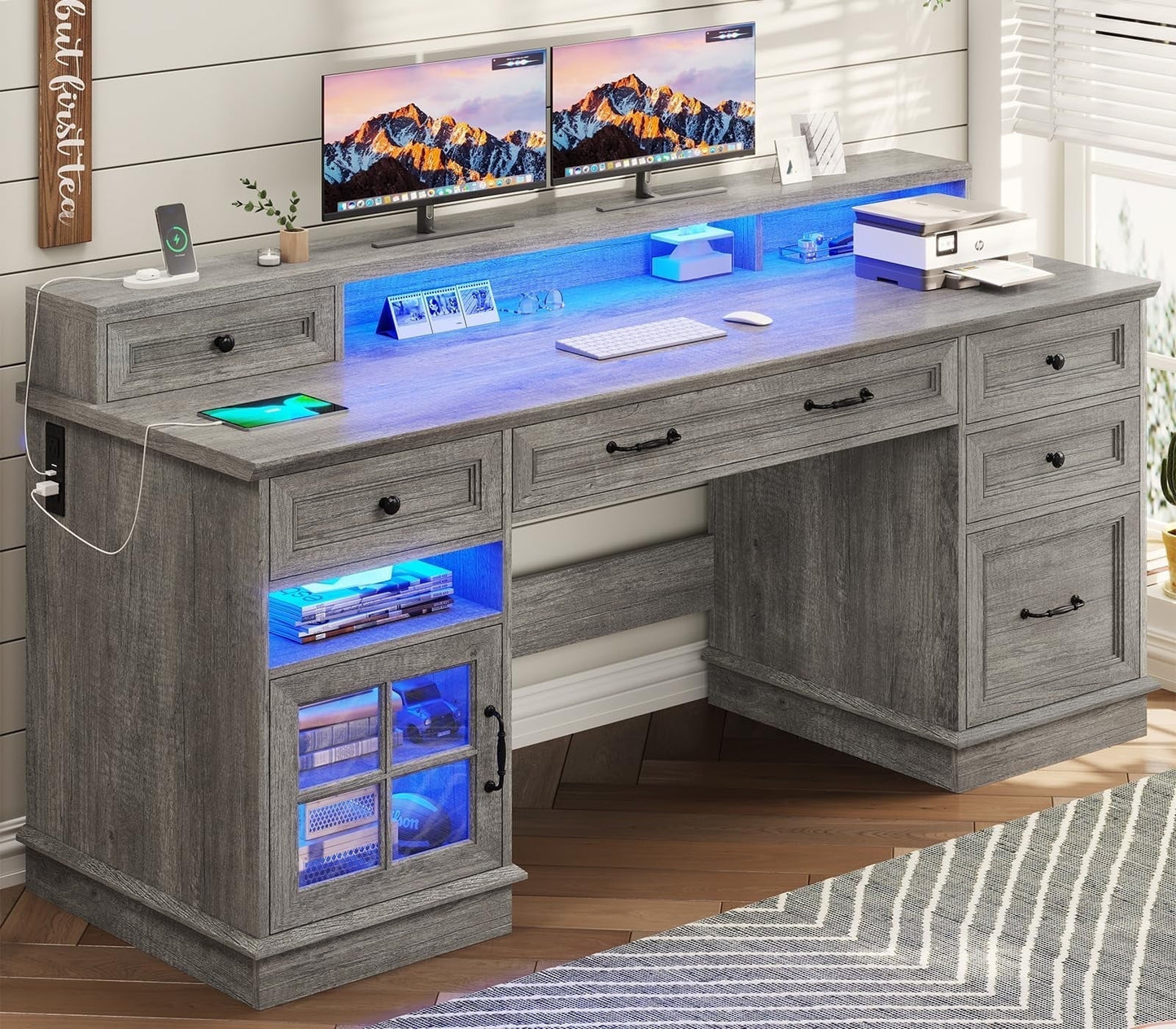 59" Computer Desk with 5 Drawers and Charging Station, Farmhouse Office Desk for Home Office, Gray