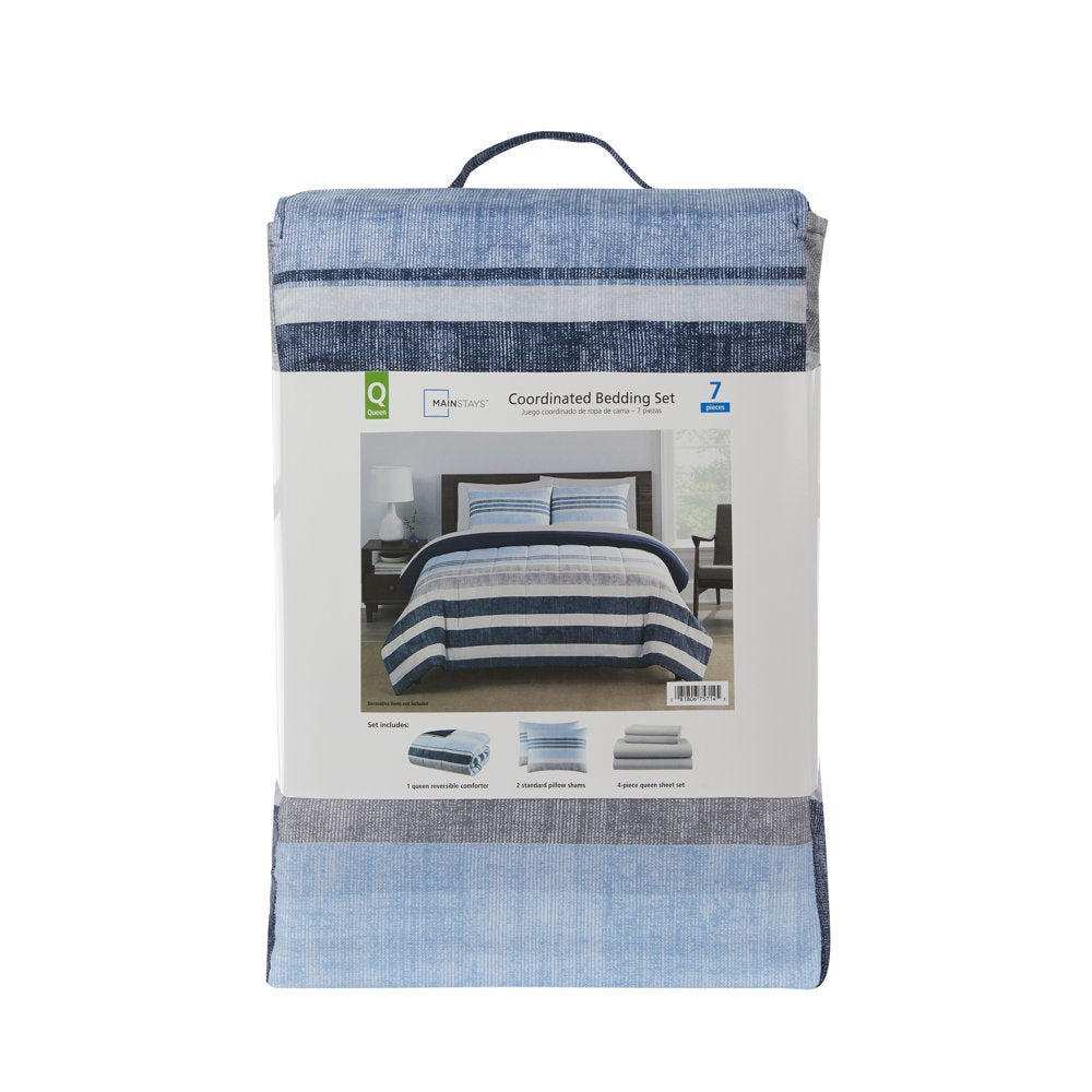 Blue Stripe Reversible 5-Piece Bed in a Bag Comforter Set with Sheets, Twin XL