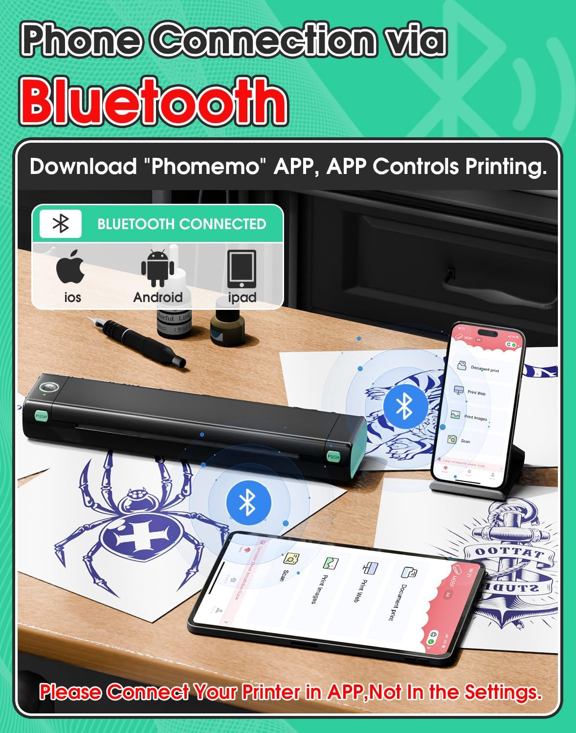 Phomemo Tattoo Stencil Printer, M08F Wireless Thermal Tattoo Printer with 10Pcs Transfer Paper, Compatible with Phone/Tablet/Pc, Tattoo Supplies for Tattoo Artist & Beginner, Black & Green