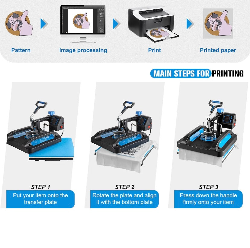 5IN1 Heat Press Machine 12"x10" Sublimation Transfer T-Shirt Mug Plate Hat Blue