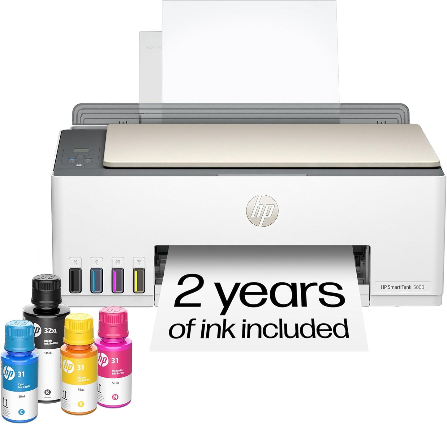 HP Smart Tank 5000 Wireless All-In-One Ink Tank Printer, Scanner, Copier with 2 Years of Ink Included, Best-For-Home, Cartridge-Free, Refillable and Ai-Enabled. (5D1B6A)