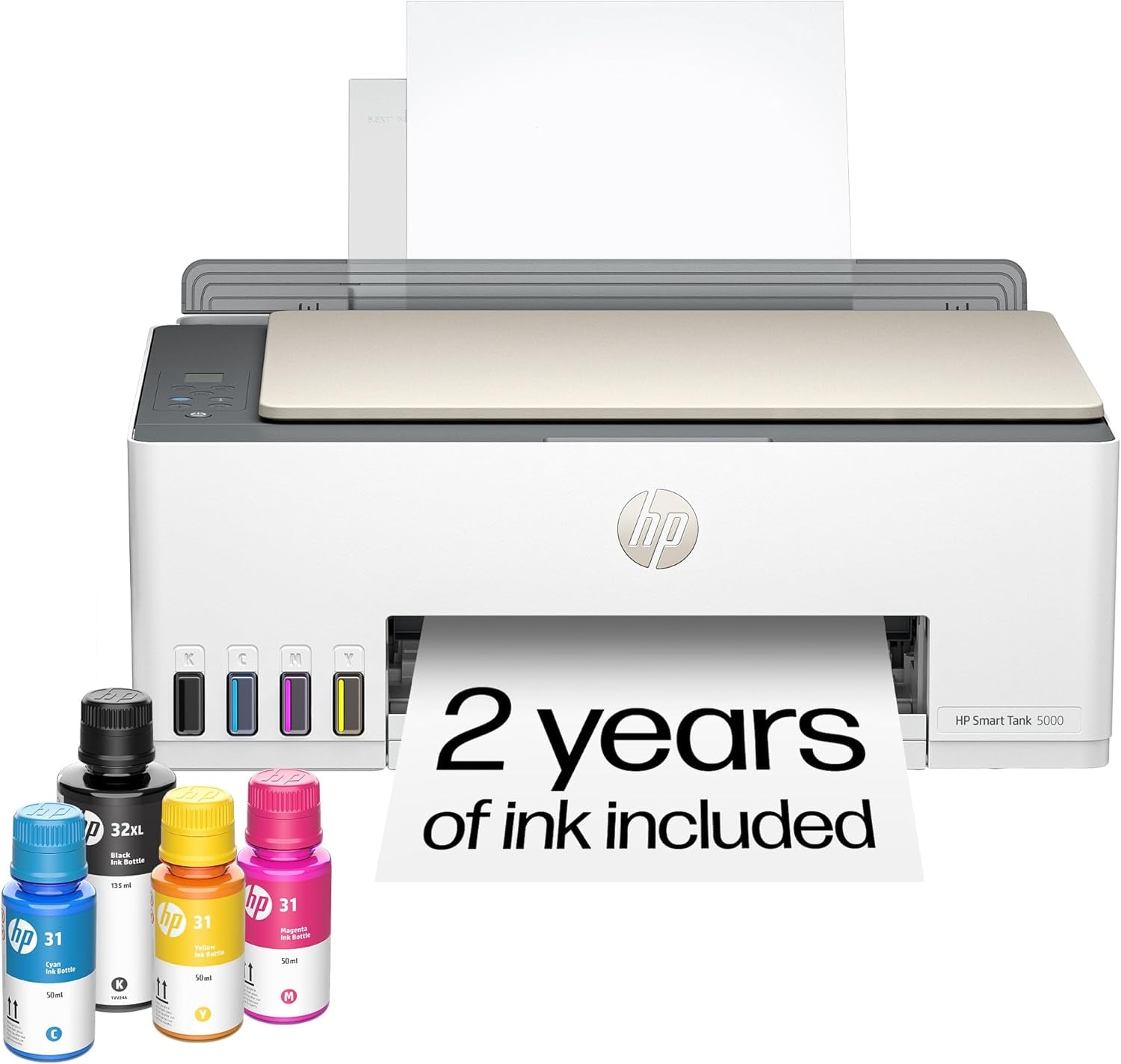 HP Smart Tank 5000 Wireless All-In-One Ink Tank Printer, Scanner, Copier with 2 Years of Ink Included, Best-For-Home, Cartridge-Free, Refillable and Ai-Enabled. (5D1B6A)