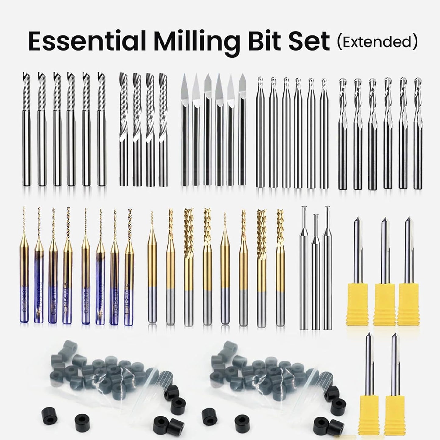 52Pcs 1/8" Essential Milling Bit Set - Extended，1/8" /3.175Mm Shank Bits Set for CNC Cutter Milling Carving, Woodworking Detail Carving Trimming V Groove Engraving Slotting Mortise
