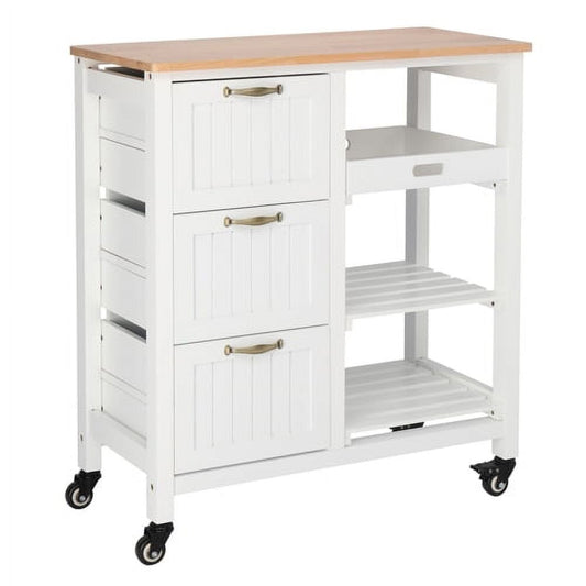 Kitchen Island Rolling Storage Cart with 3 Drawer 3 Tier Holder Serving Bar Cart Coffee Bar Small Kitchen Microwave Trolley with Natural Solid Wood Top Caster Home Furniture, White