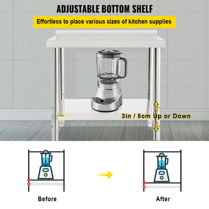 Stainless Steel Prep Table, 36 X 24 X 35 Inch, 440Lbs Load Capacity Heavy Duty Metal Worktable with Backsplash and Adjustable Undershelf, Commercial Workstation for Kitchen Restaurant