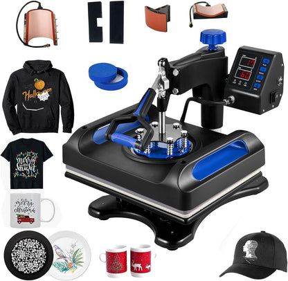 Heat Press Machine 15X15In, Assemble 5 in 1, Fast-Heating, 360 Swing Away, Digital Control Multifunction Sublimation Combo, Blue