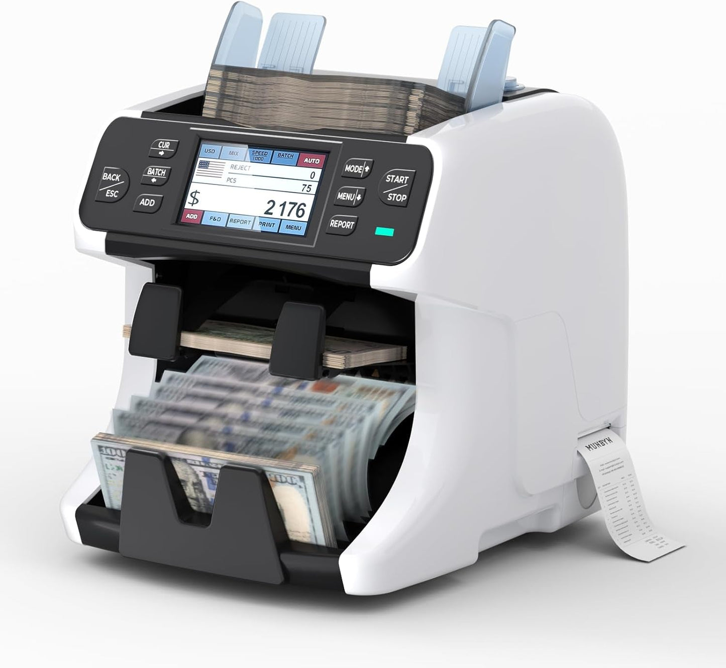 MUNBYN IMC40 2-Pocket Money Counter Machine Mixed Denomination and Sorter, Built-In Printer, Sort on DENOM/FACE/ORI, Value Counting, Counterfeit Detection 2 CIS/UV/MG/IR, Touch Screen, 2Y Protection
