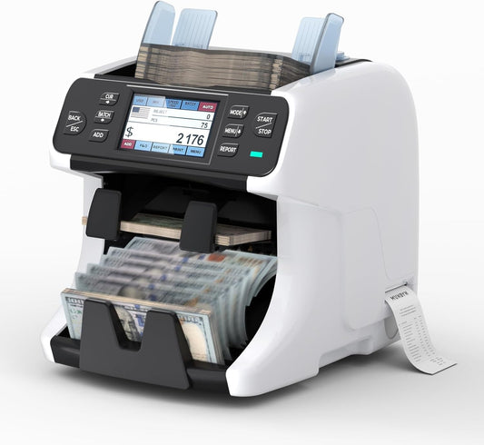 MUNBYN IMC40 2-Pocket Money Counter Machine Mixed Denomination and Sorter, Built-In Printer, Sort on DENOM/FACE/ORI, Value Counting, Counterfeit Detection 2 CIS/UV/MG/IR, Touch Screen, 2Y Protection