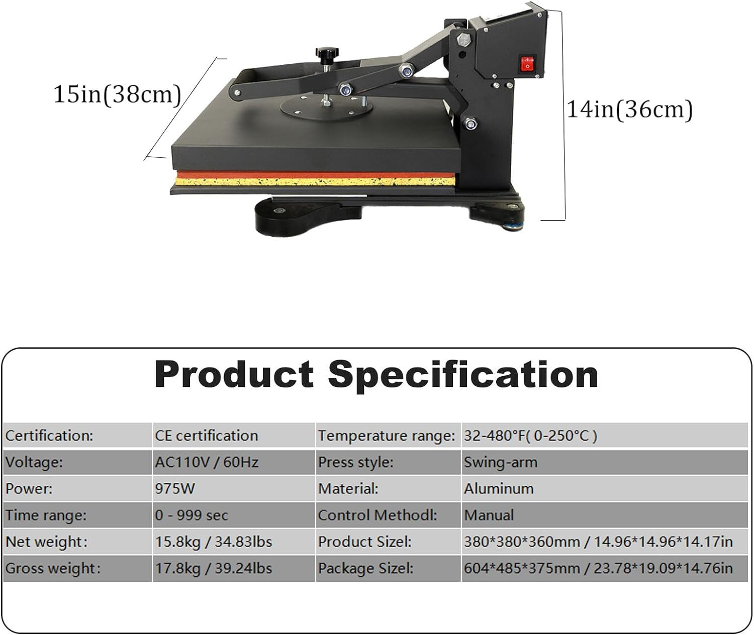 15X15In Metal Heat Press Machine, Teflon Coating, Drawer Design, Sublimation Digital Transfer Machine, Adjustable Pressure, DIY, for T-Shirts, Pillow Cases, Cushions, Canvas Bags, Banners, Etc.