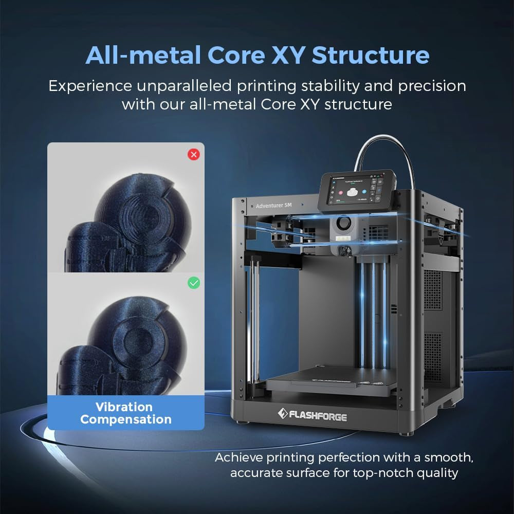 FLASHFORGE Adventurer 5M 3D Printer, 600Mm/S High-Speed, 1 Click Fully Auto Leveling, Upgraded Direct Extruder Quick Detachable 280°C Nozzle, Dual-Sided PEI Coating Plate, Print Size 220X220X220Mm