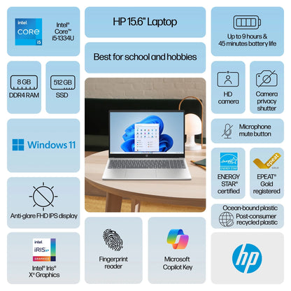 15.6 Inch FHD IPS Windows Laptop Intel Core I5-1334U 8GB RAM 512GB Pcie Nvme SSD Natural Silver
