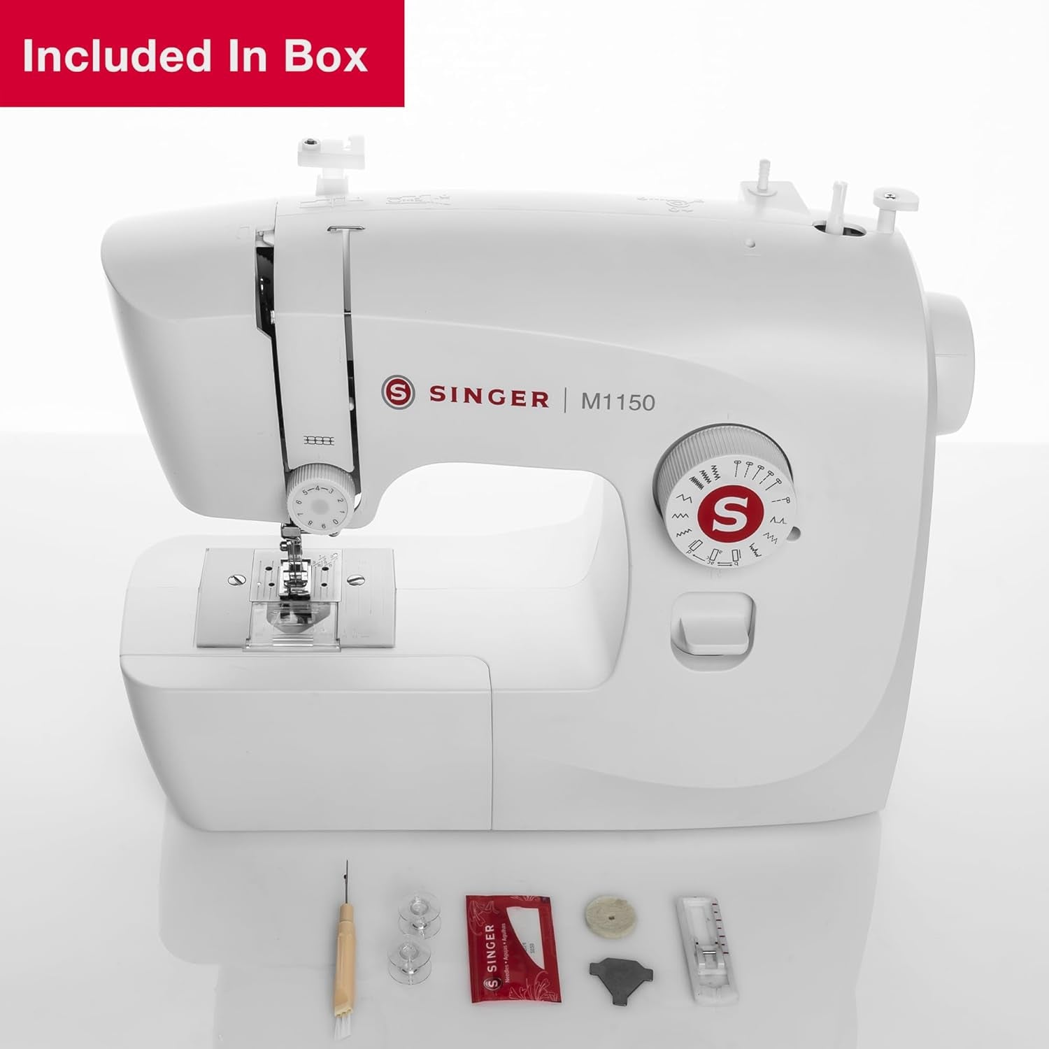 SINGER M1150 Portable Sewing Machine White – Accessories Included | 16 Stitches, Top Drop-In Bobbin, 4-Step Buttonhole, Free Arm, LED Light | Ideal Sewing Machine for Home Projects