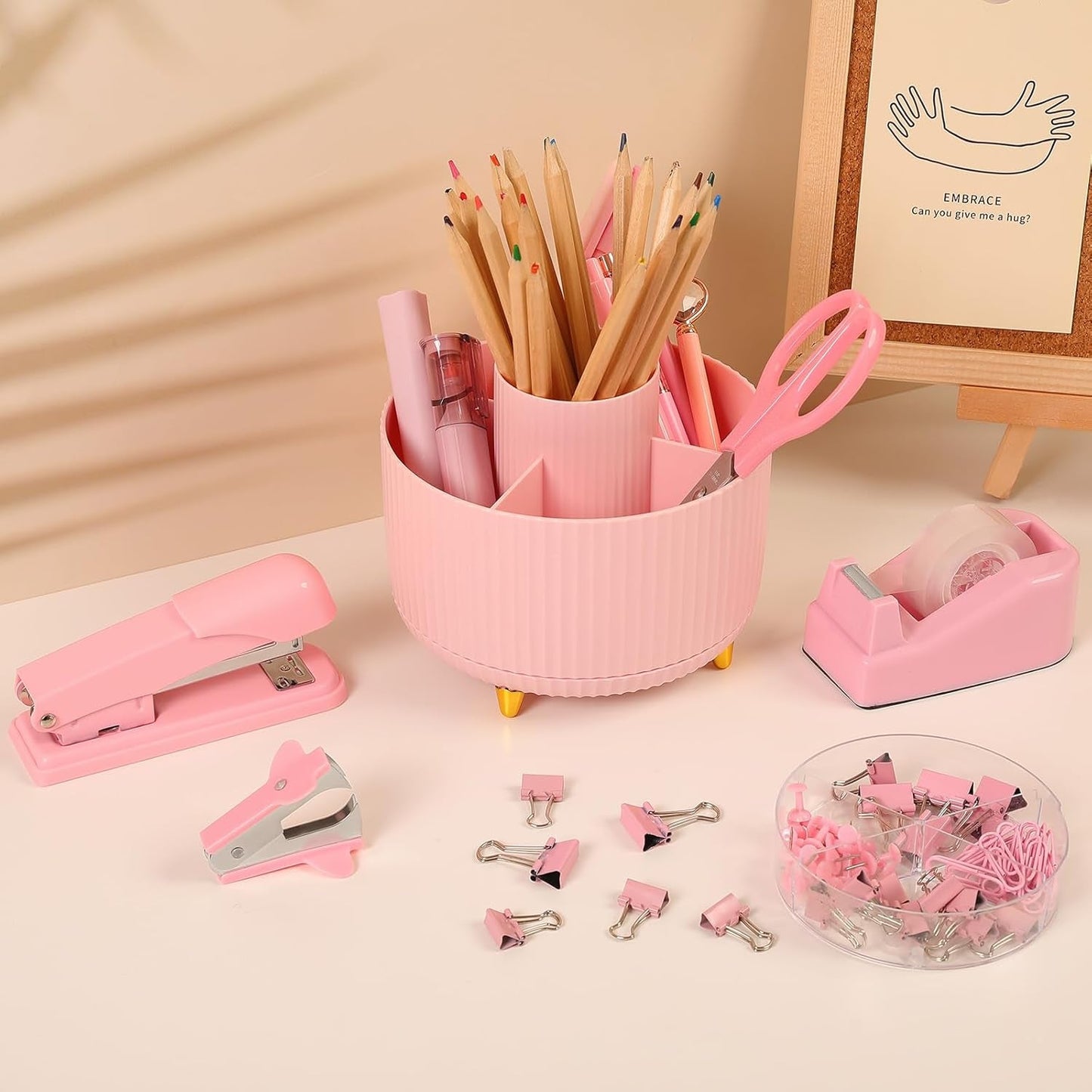 SKYDUE Pink Desk Accessories 10Pcs, Rotating Pen Holder for Desk, Stapler, Staple Remover, Tape Dispenser,2Pcs Tape Refills, Binder Paper Clips Kit, Scissor,Pink Office School Supplies