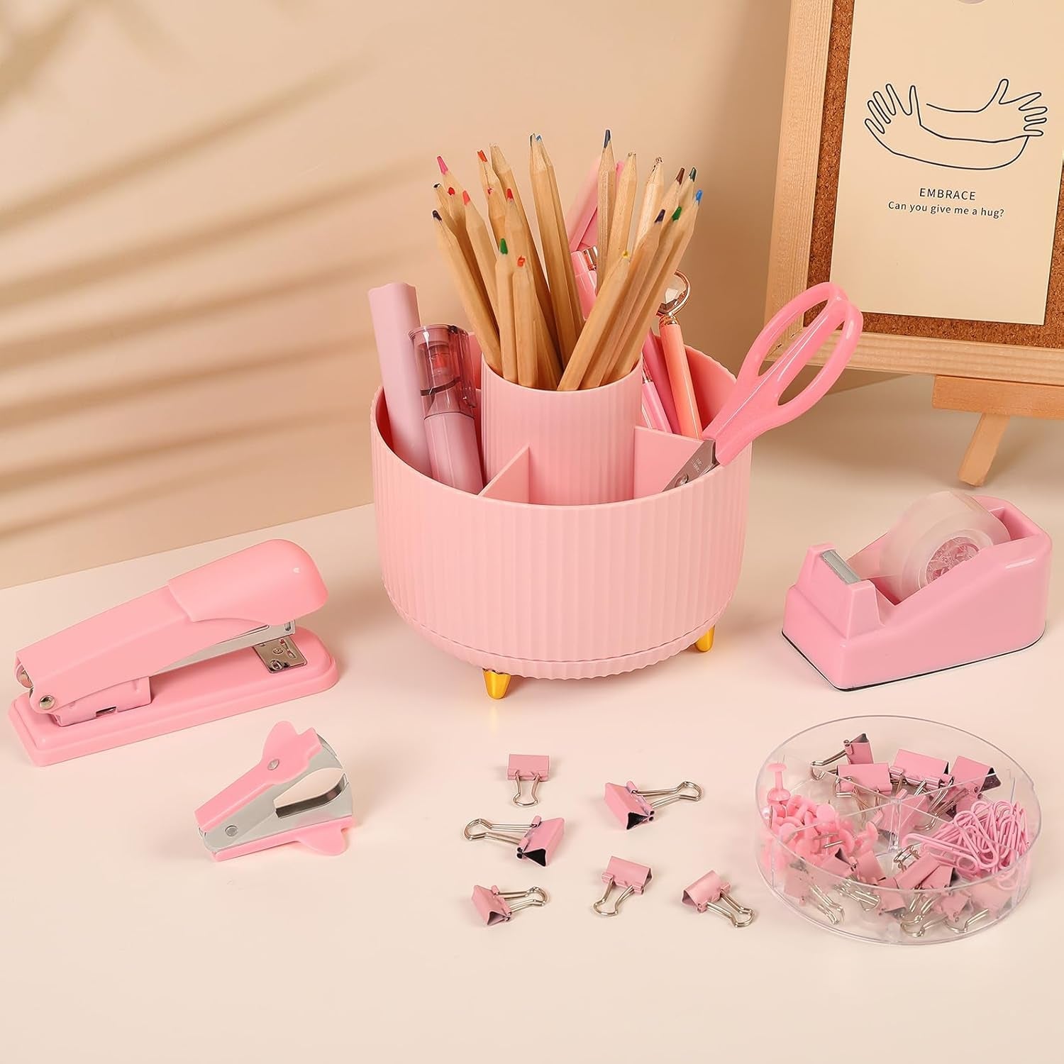 SKYDUE Pink Desk Accessories 10Pcs, Rotating Pen Holder for Desk, Stapler, Staple Remover, Tape Dispenser,2Pcs Tape Refills, Binder Paper Clips Kit, Scissor,Pink Office School Supplies