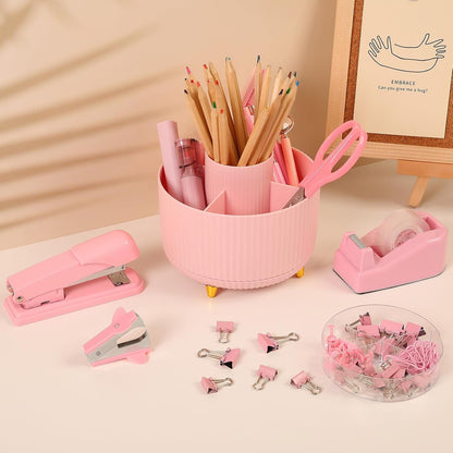 SKYDUE Pink Desk Accessories 10Pcs, Rotating Pen Holder for Desk, Stapler, Staple Remover, Tape Dispenser,2Pcs Tape Refills, Binder Paper Clips Kit, Scissor,Pink Office School Supplies