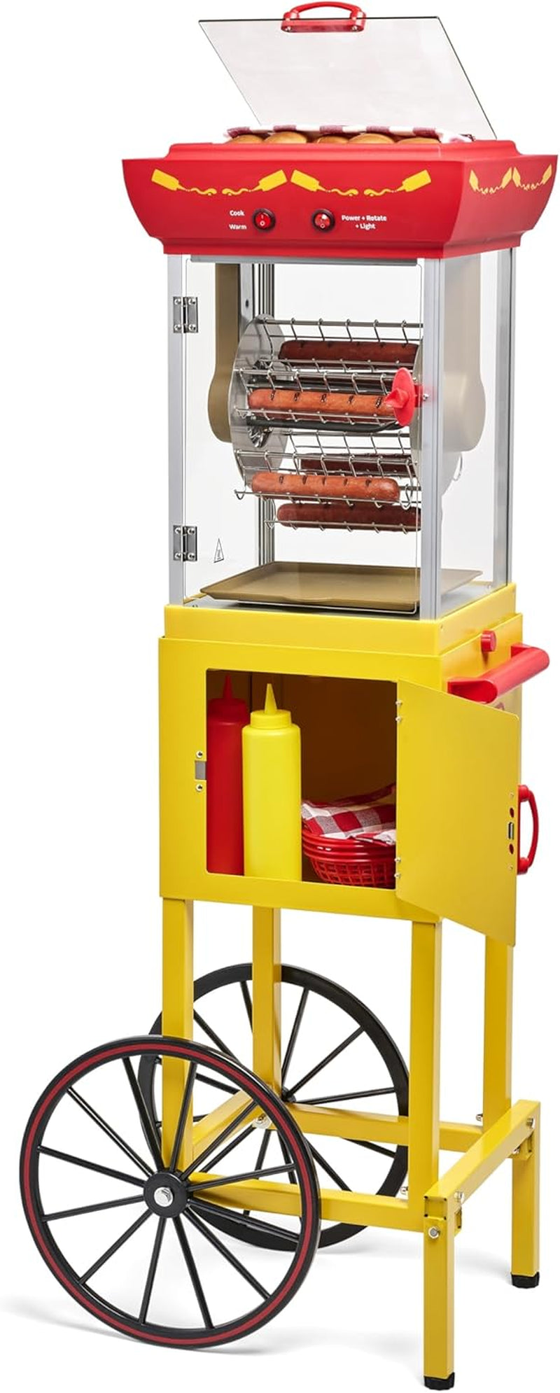 Nostalgia Oscar Mayer Hot Dog Ferris Wheel - Retro Style Hot Dog Roller Cart Toaster - Classic 6-Piece Grill Machine with Bun Warmer, Push Handle, Wheels, Transparent Housing, Storage Compartment