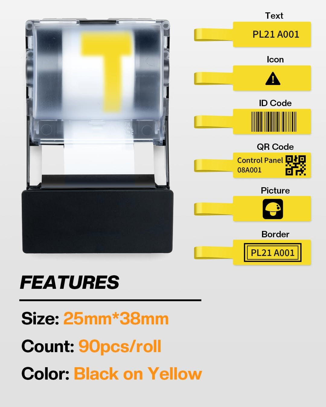 Phomemo PET Cable Label for E50RPO, All-Weather Indoor/Outdoor, Square Self-Adhesive 0.98"X1.49"(25X38Mm), 90 Labels/Roll, Black on Yellow Tape