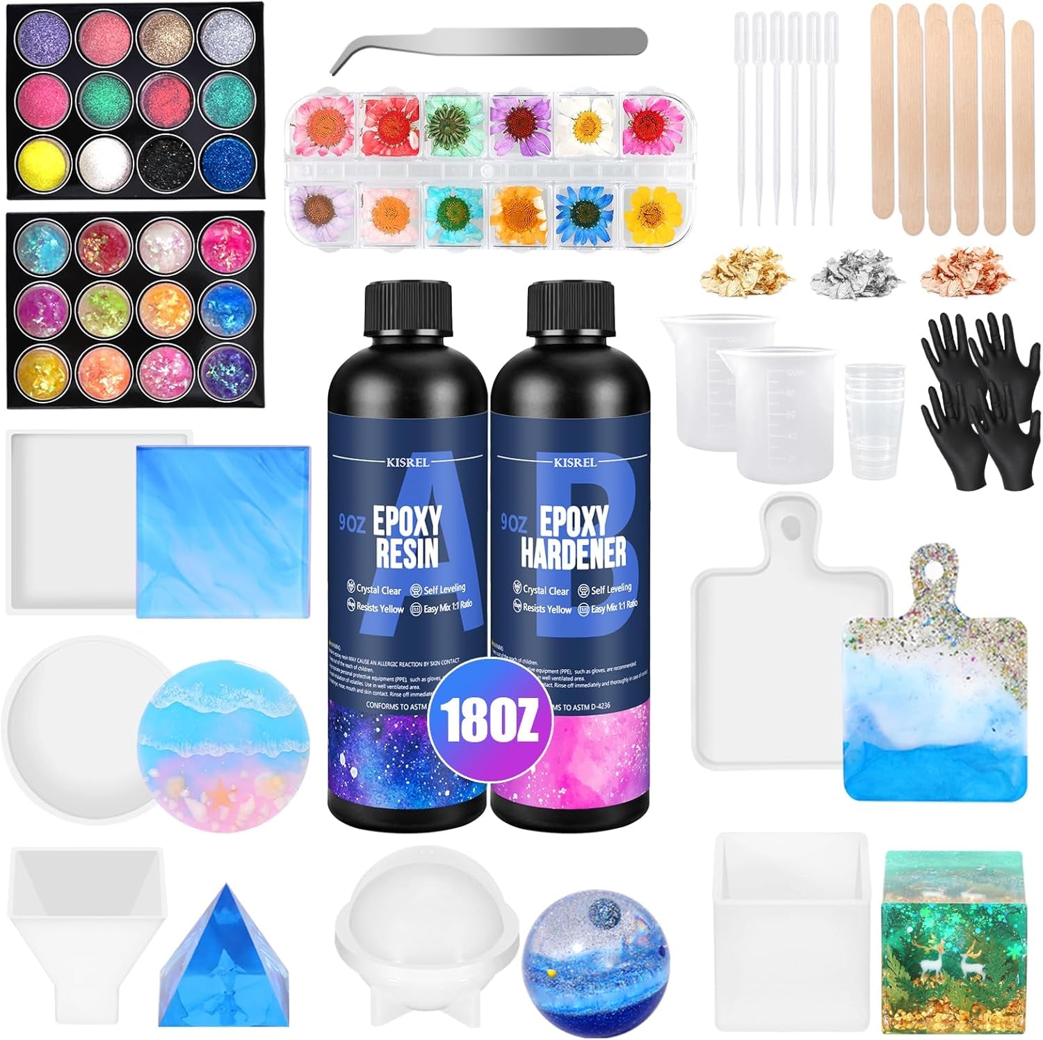 KISREL Epoxy Resin Kit for Beginners, Resin Kit with Molds, 18OZ Epoxy Kit with Dried Flowers, Measuring Cups and Resina Supplies