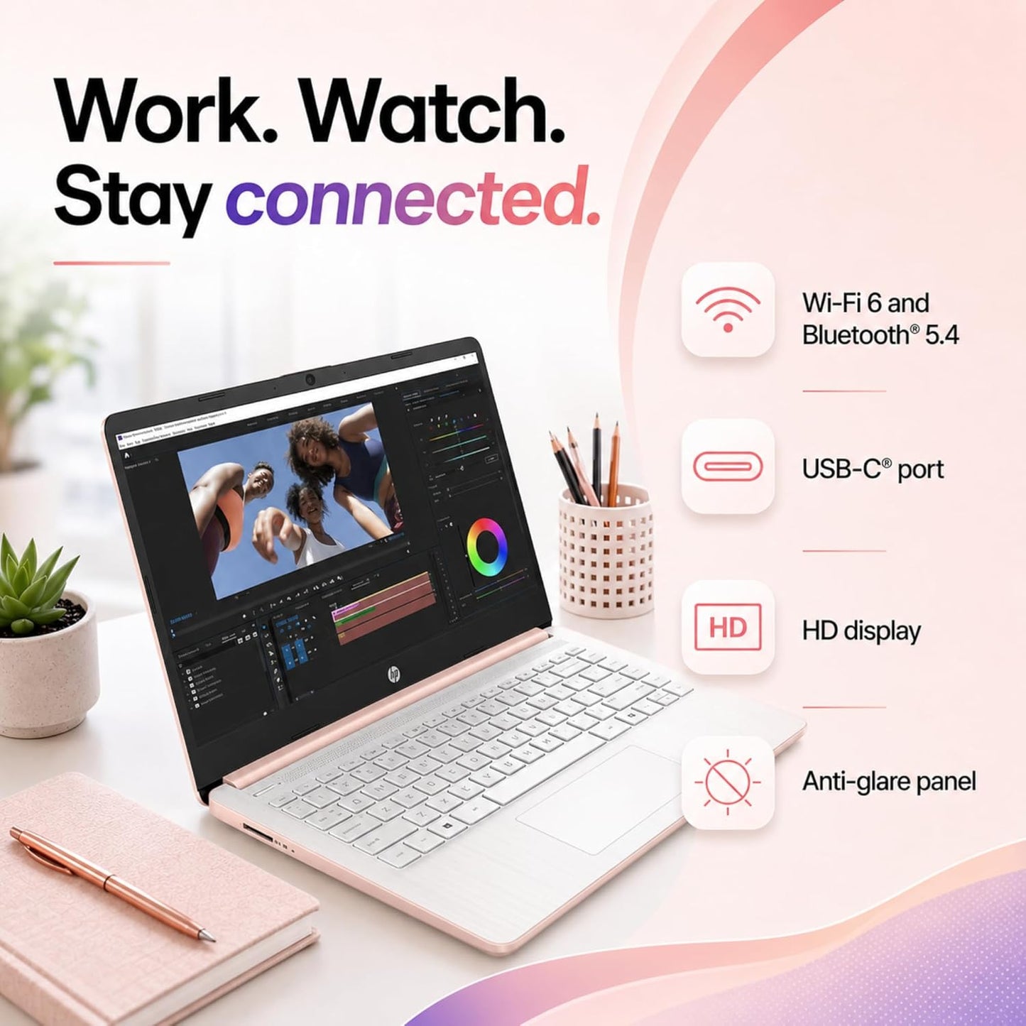 HP Business and Home Laptop, 8GB RAM, 128GB SSD, Intel Processor, Microsoft Office 365 1 Year | No Mouse, Fast Response, Long Battery Life Computer, Rose Gold