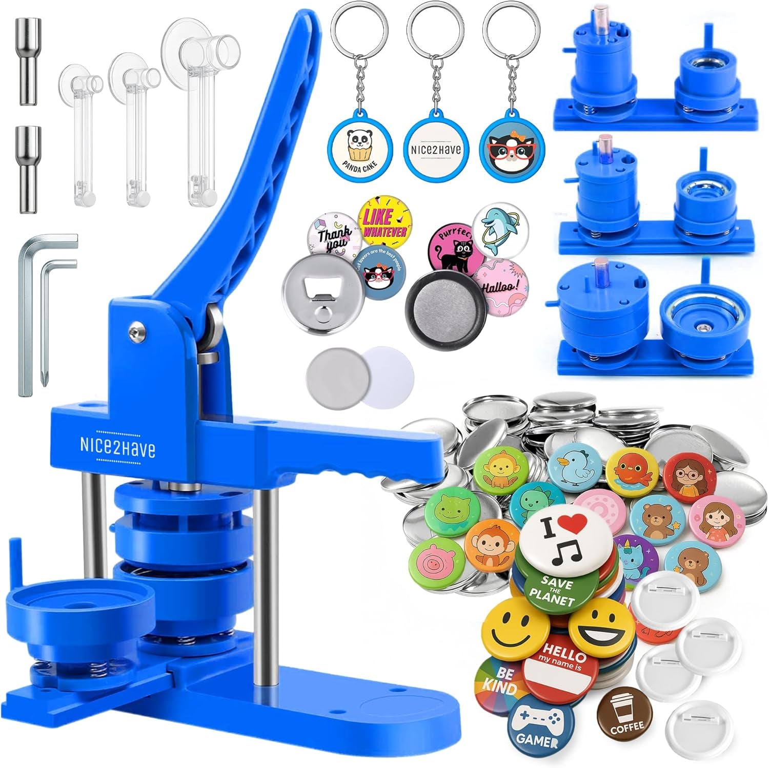 Button Maker Machine 1+1.25+2.5 Inch Pin Maker Kit - Multiple Size Molds, 500 Buttons, 15 Fridge Magnets, 15 Bottle Openers, 15 Keychains, Cutters, and 500+ Button Designs for DIY Crafts