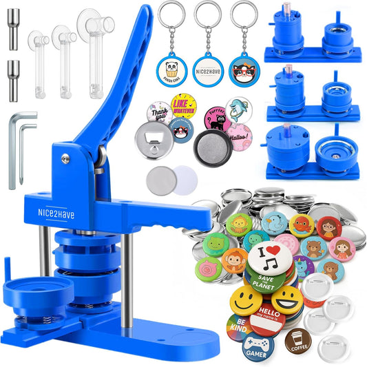 Button Maker Machine 1+1.25+2.5 Inch Pin Maker Kit - Multiple Size Molds, 500 Buttons, 15 Fridge Magnets, 15 Bottle Openers, 15 Keychains, Cutters, and 500+ Button Designs for DIY Crafts