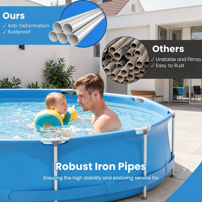 12Ft X 30In round above Ground Swimming Pool with Iron Frame & Pool Cover, 3-Layer PVC Mesh, Blue