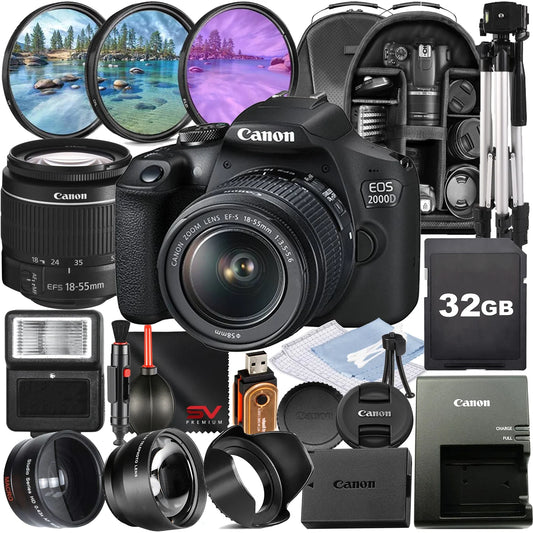 Canon EOS 2000D / Rebel T7 DSLR Camera with 18-55Mm Zoom Lens + Sandisk 32GB Memory + Tripod + Backpack + SV Premium Accessory Bundle (International Version)