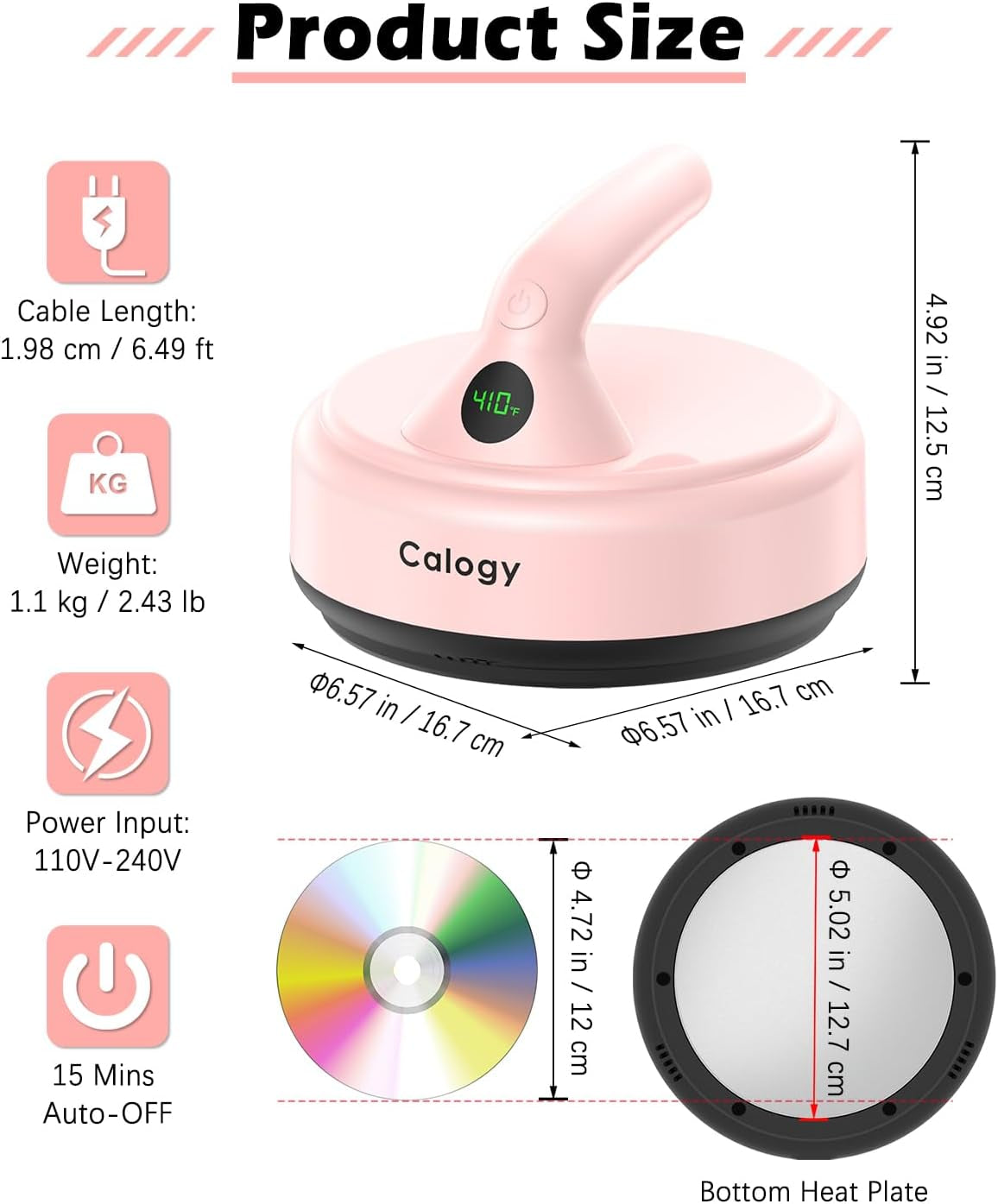 Calogy Mini Heat Press, Small round Heat Press Machine 5" Diameter, Portable Iron 4 Levels Temp Max 410℉ for Heating Transfer Sublimation Crafts, DIY Coaster, Bag, Pillow, Ceramic (Baby Pink)