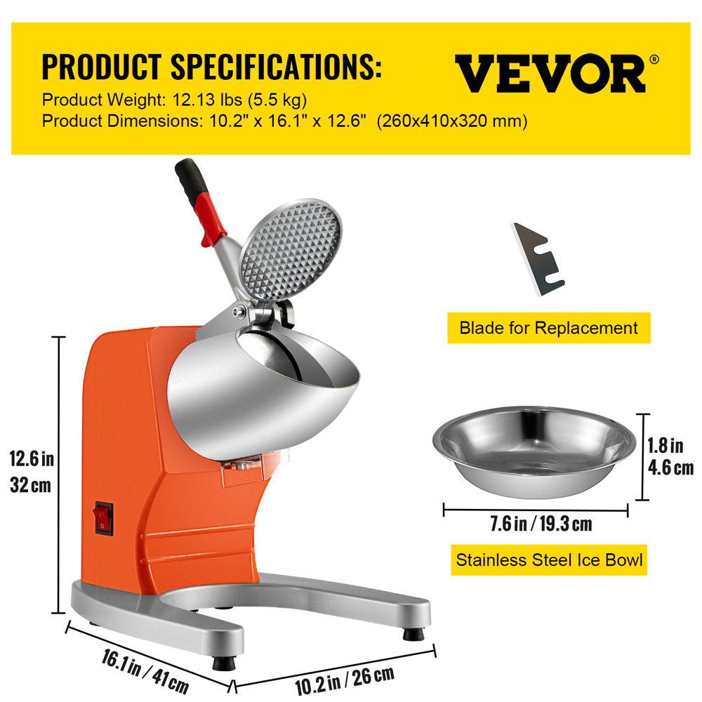 brand Electric Ice Shaver Crusher Snow Cone Maker Machine with 4 Stainless Steel Blades 220LB/H Shaved Ice Machine 300W 1450 RPM for Home and Commercial Use Orange