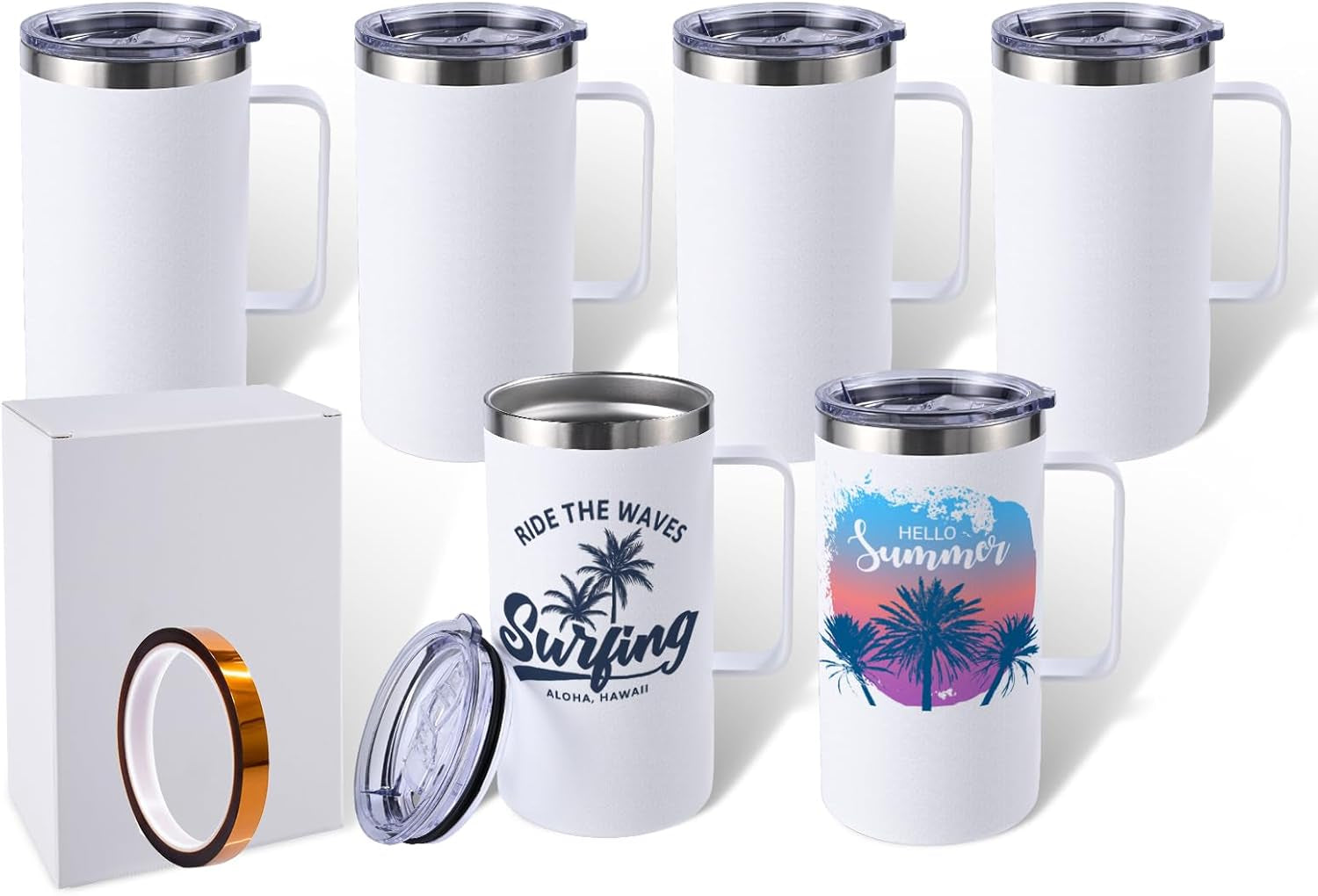 Colorsub 24Oz Sublimation Coffee Mugs with Handle Straight Matte Travel Coffee Cups Insulated Stainless Steel Tumblers with Gift Box, Heat Tape for Hot Cold Drinks, 6 Pack