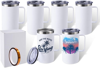 Colorsub 24Oz Sublimation Coffee Mugs with Handle Straight Matte Travel Coffee Cups Insulated Stainless Steel Tumblers with Gift Box, Heat Tape for Hot Cold Drinks, 6 Pack