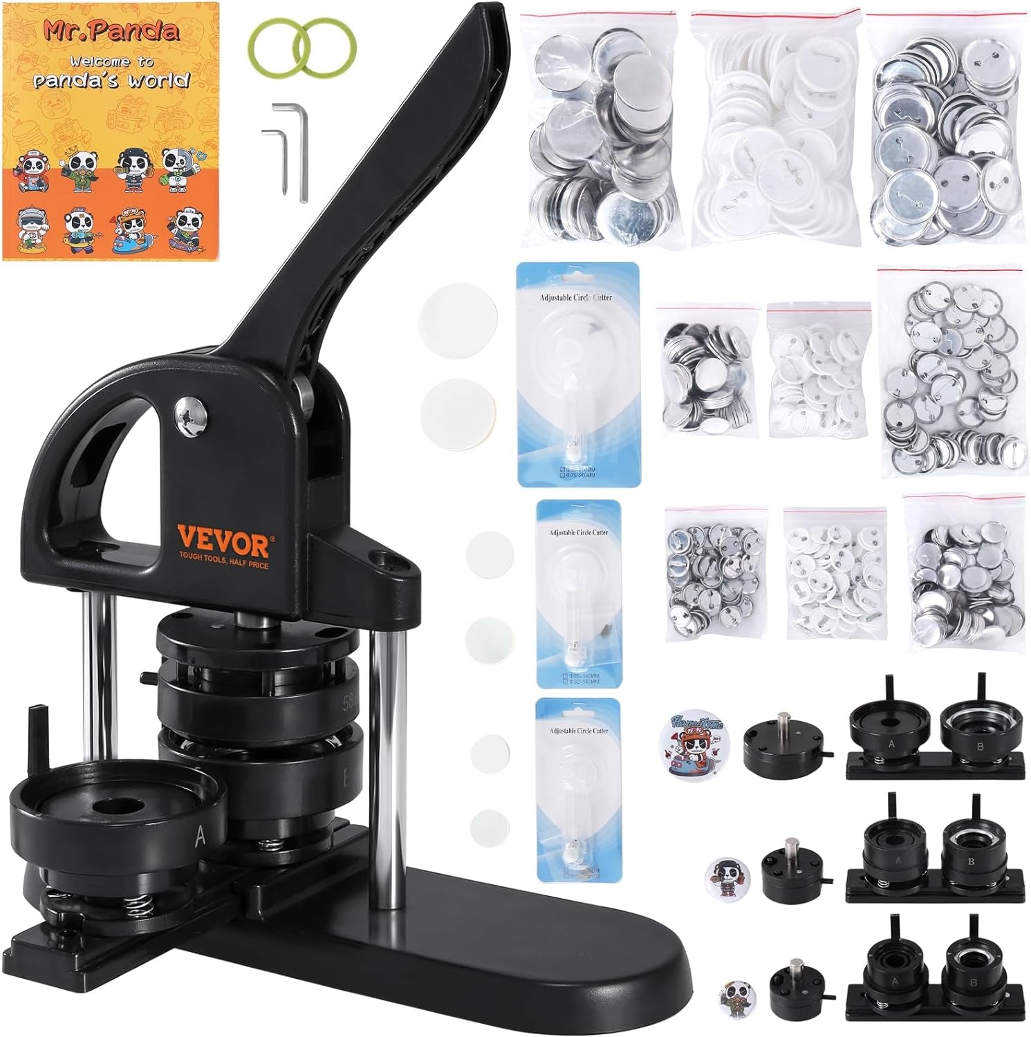 VEVOR Button Maker, 1/1.25/2.28 Inch(25/32/58Mm) 3-In-1 Pin Maker with 300Pcs Button Parts, Ergonomic Arc Handle Punch Press Kit, Button Maker Machine with Panda Magic Book, for Children DIY Gifts