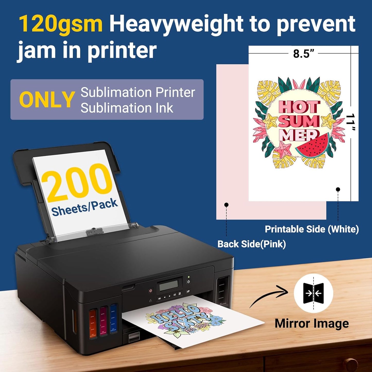 Sublimation Paper 8.5 X 11 Inches 200 Sheets Compatible with Sublimation Printer and Sublimation Ink 120Gsm for Mugs T-Shirts Light Fabric and Other Sublimation Blanks DIY