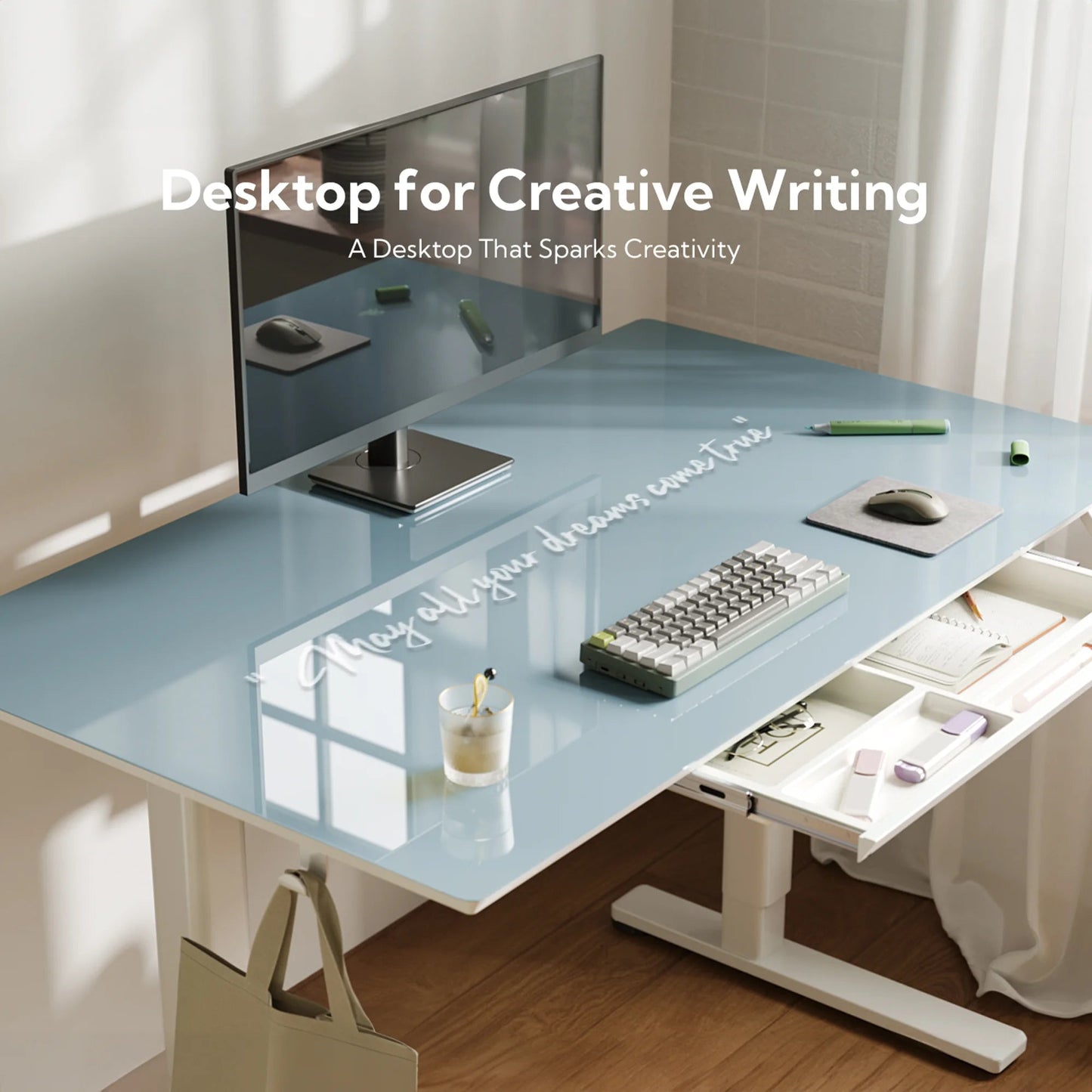 Glass Standing Desk with Drawers, 55 Inch Adjustable Height Stand up Desk, Glass Top Sit to Stand Study Desk,Electric Computer Standing Desk with Storage, Morandi Blue