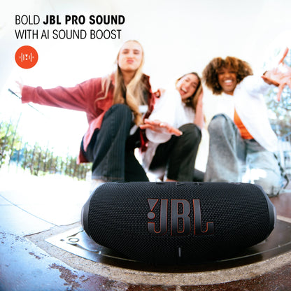 Charge 6 - Portable Waterproof & Drop-Proof Bluetooth Speaker, Bold  Pro Sound with AI Sound Boost, 28Hrs of Playtime, Built-In Powerbank & Comes with a Sturdy/Removable Carrying Strap (Black)