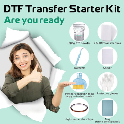 GO2CRAFT Hot Melt Powder and DTF Transfer Flim Kit, 20Pcs DTF Film for DTF Sublimation Printer, 17.6Oz/500G White Digital Hot Melt Powder, Washable & Durable DTF Transfer Starter Kit for T-Shirt,Gifts