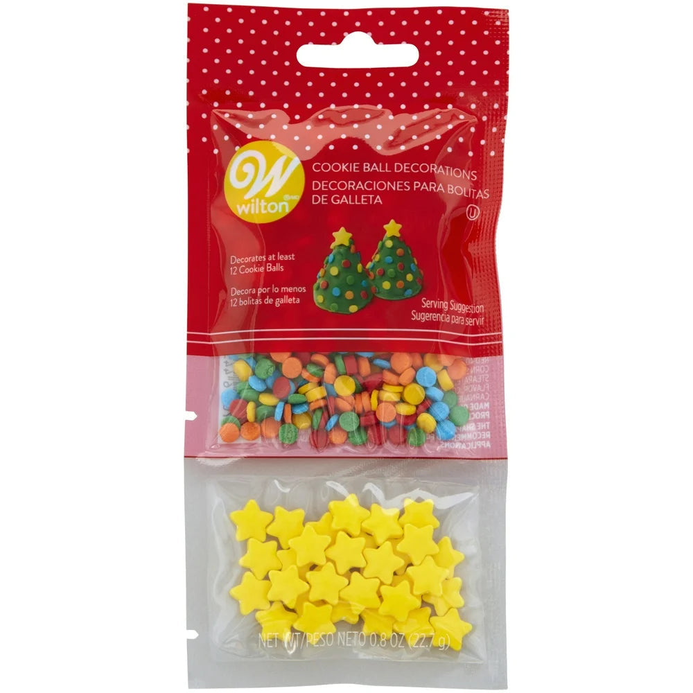 Tree Cookie Ball Decorations, Yellow Candy Stars and Rainbow Confetti Sprinkles, 0.8 Oz.