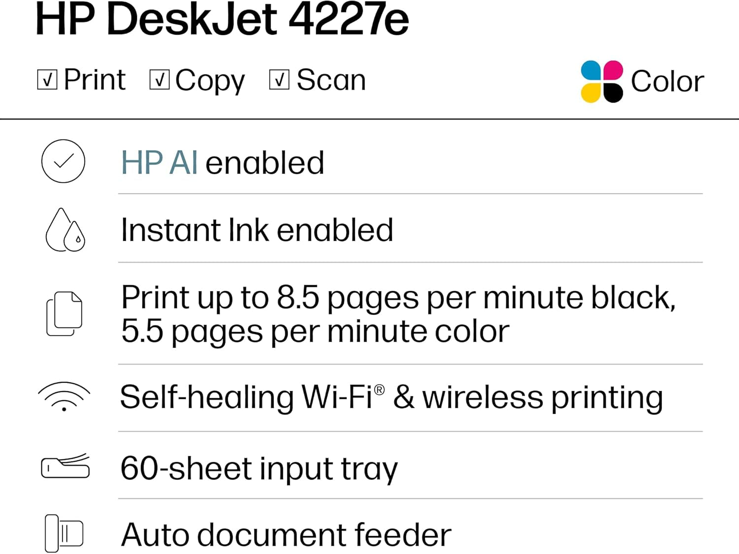 HP Deskjet 4227E Wireless All-In-One Color Inkjet Printer, Scanner, Copier, Best-For-Home, 3 Month Instant Ink Trial Included, Ai-Enabled (6W7F0A)