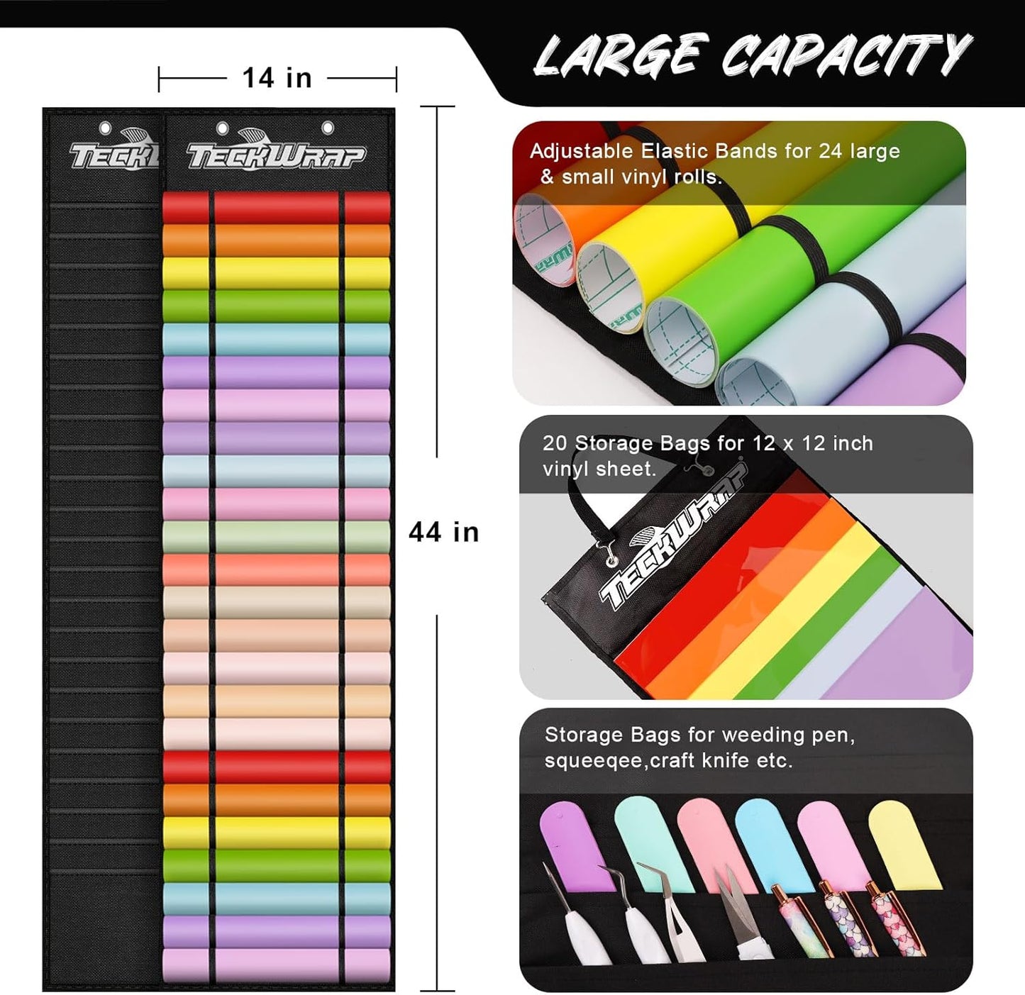 Vinyl Roll Holder, Vinyl Roll Storage Organizer Black Double-Sided Wall-Mount with 44 Compartments