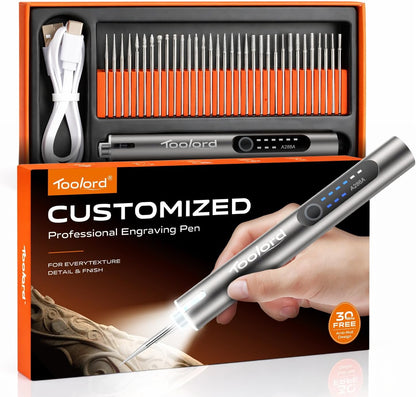 Engraving Pen with LED Light,Hollowcup Motor,Cordless USB Rechargeable Rotary Tool for Metal,Wood,Glass and Plastic,Diy Engraving Kit with 30 Bits,Silver