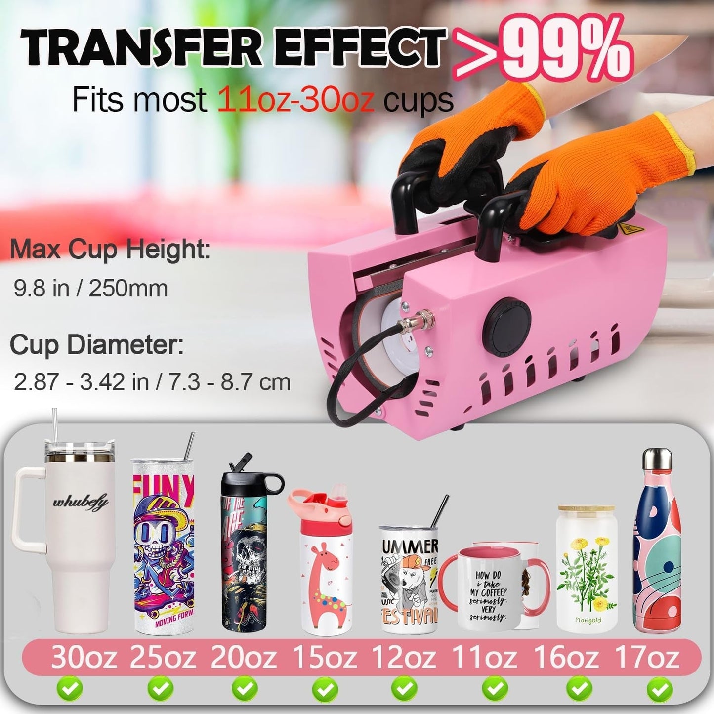 11-30 OZ Tumbler Heat Press Machine, Mug Cup Heat Press DIY Sublimation for 11OZ 16OZ 20OZ 30OZ Skinny Tumblers Glass/Ceramic/Aluminium Mug Coffee Cup, Pink Cup Press with 20 Heat Papers/Tape/Gloves