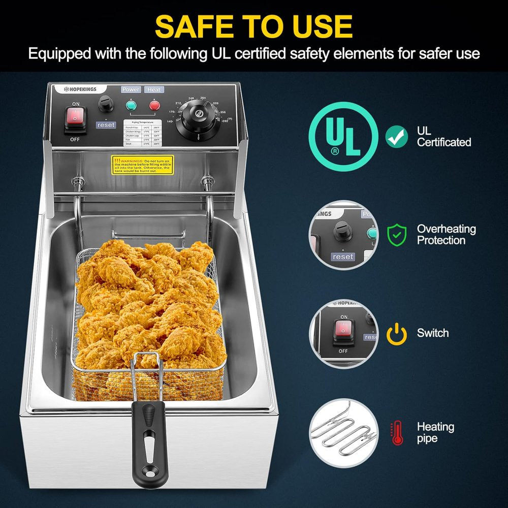 Qhomic 1500W 6L Electric Deep Fryer with Removable Basket and Lid Stainless Steel Large Single-Cylinder Countertop Fryers for Home Kitchen Ideal for Fish, Turkey, French Fries