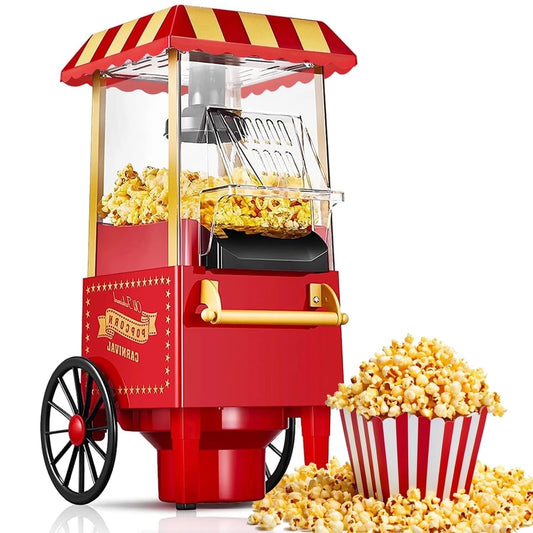 Vintage Hot Air Popcorn Machine, 1200W Oil-Free Popcorn Maker with Measuring Cup, Compact Countertop Popcorn Popper, 12-Cup Capacity, Red